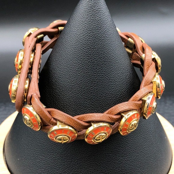 Henri Bendel Orange Rivet Wrap Bracelet Gold Tone Hobnails Soft Braided Leather - Picture 3 of 9